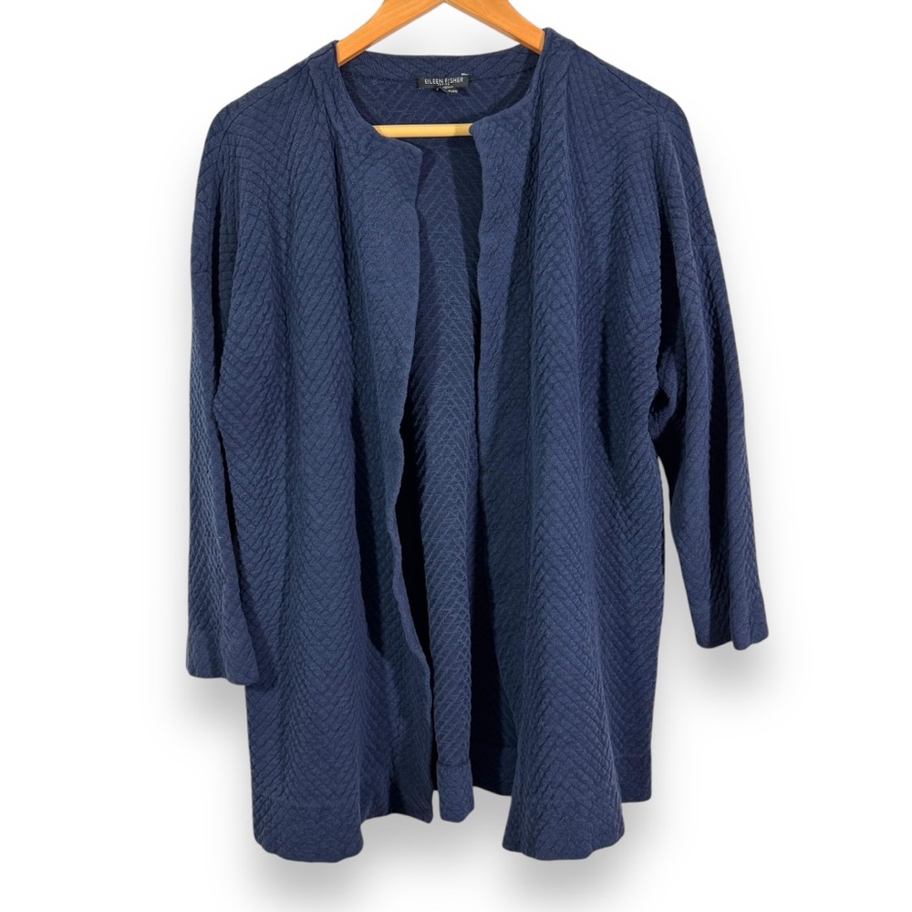 Eileen Fisher Petite Navy Blue Silk Blend Quilted Open Front Sweater